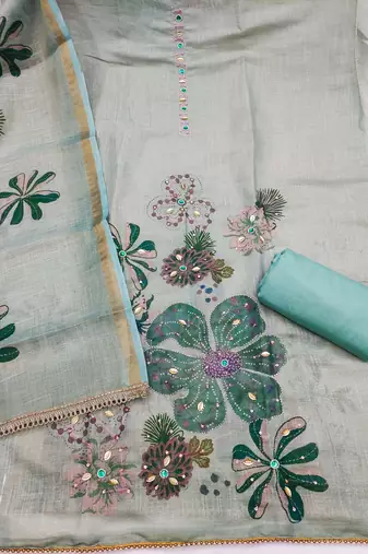 multi unstitched shimmer print handwork with printed dupatta linen dress material