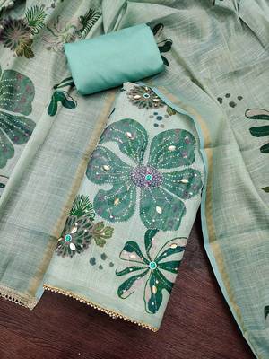 multi unstitched shimmer print handwork with printed dupatta linen dress material 4