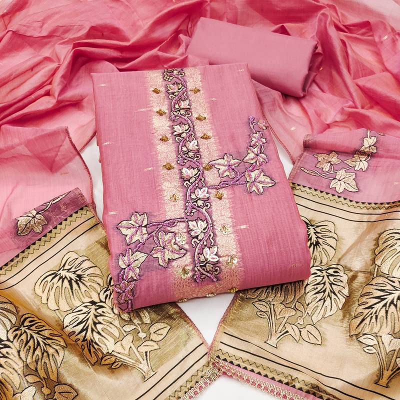 pink unstitched weaving handwork with woven dupatta dress material