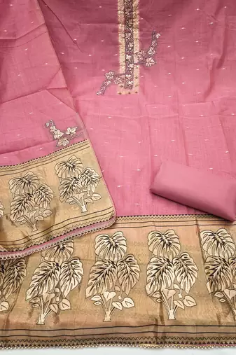 pink unstitched weaving handwork with woven dupatta dress material