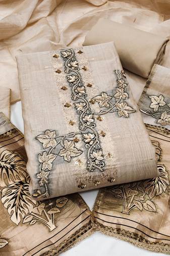 beige unstitched weaving handwork with woven dupatta dress material