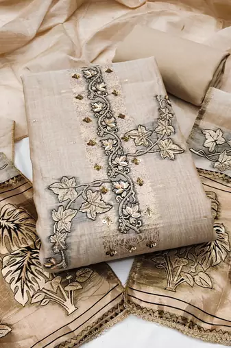 beige unstitched weaving handwork with woven dupatta dress material