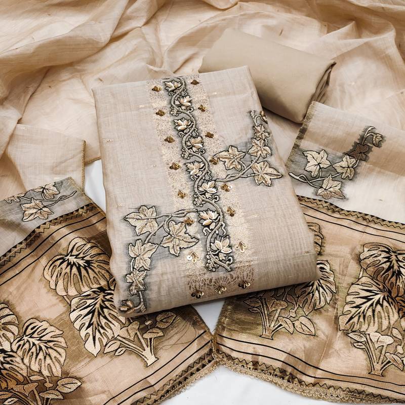 beige unstitched weaving handwork with woven dupatta dress material