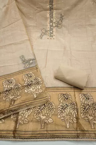 beige unstitched weaving handwork with woven dupatta dress material