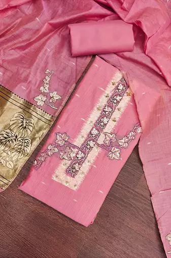 pink unstitched weaving handwork with woven dupatta dress material