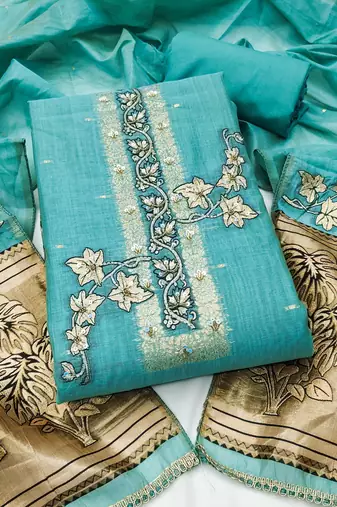 sea green unstitched weaving handwork with woven dupatta dress material
