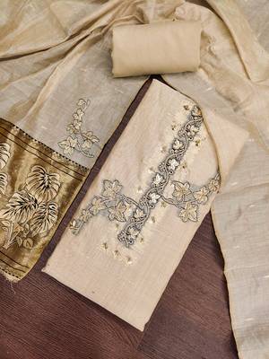 beige unstitched weaving handwork with woven dupatta dress material 4