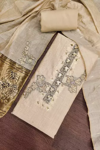 beige unstitched weaving handwork with woven dupatta dress material