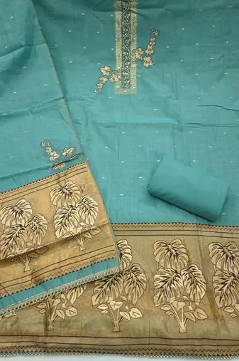 sea green unstitched weaving handwork with woven dupatta dress material