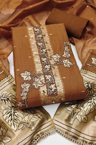 brown unstitched weaving handwork with woven dupatta dress material