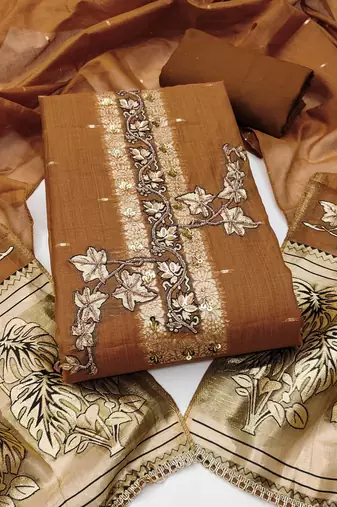 brown unstitched weaving handwork with woven dupatta dress material