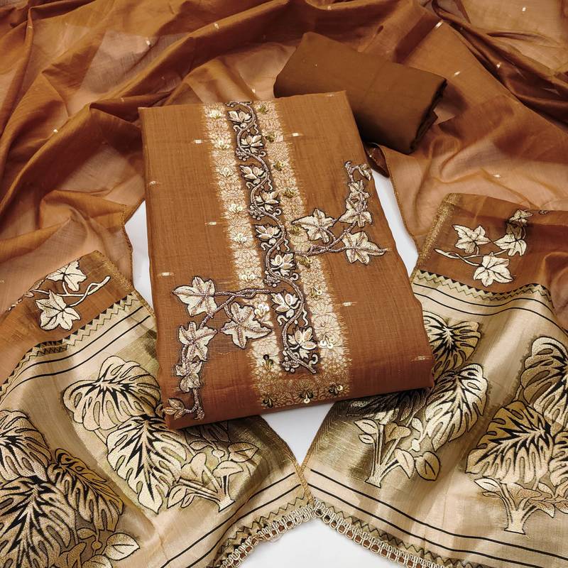 brown unstitched weaving handwork with woven dupatta dress material