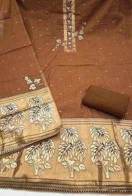 brown unstitched weaving handwork with woven dupatta dress material 2
