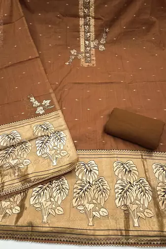 brown unstitched weaving handwork with woven dupatta dress material