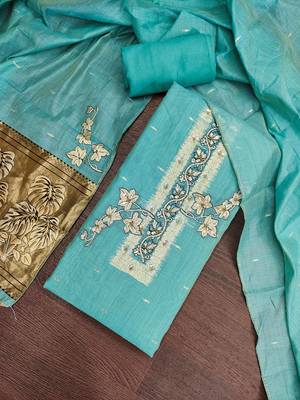 sea green unstitched weaving handwork with woven dupatta dress material 4