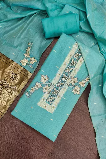 sea green unstitched weaving handwork with woven dupatta dress material
