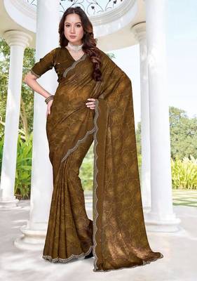 Mustard color fendy satin silk two tone digital printed saree 1