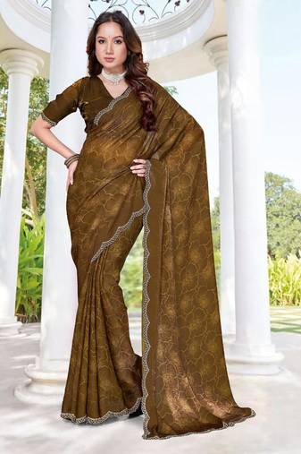 Mustard color fendy satin silk two tone digital printed saree