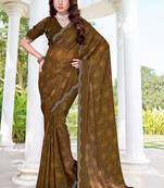 Mustard color fendy satin silk two tone digital printed saree