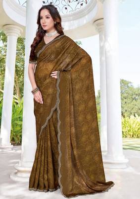 Mustard color fendy satin silk two tone digital printed saree 3