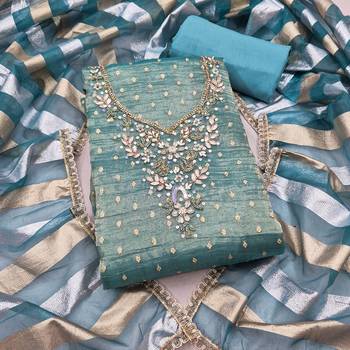 sea green unstitched thread work beads work with dupatta salsa butti dress material 1
