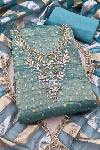 sea green unstitched thread work beads work with dupatta salsa butti dress material