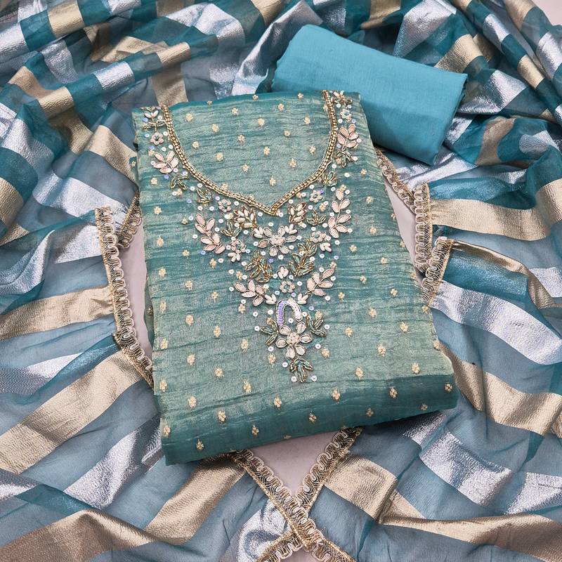 sea green unstitched thread work beads work with dupatta salsa butti dress material