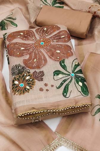 multi unstitched shimmer print handwork with printed dupatta linen dress material