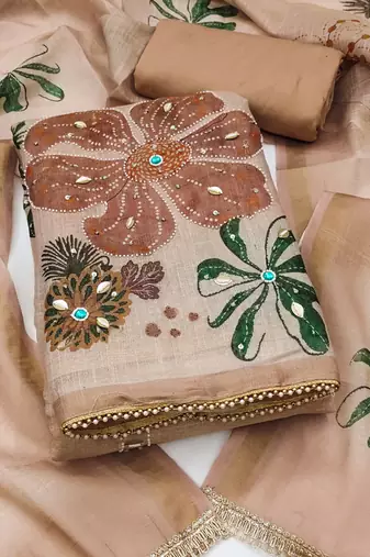 multi unstitched shimmer print handwork with printed dupatta linen dress material