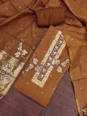 brown unstitched weaving handwork with woven dupatta dress material 4