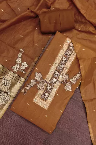 brown unstitched weaving handwork with woven dupatta dress material