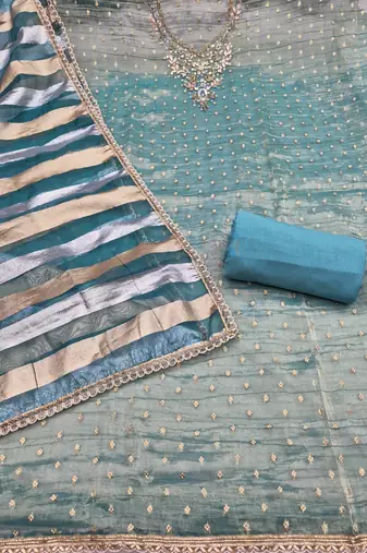 sea green unstitched thread work beads work with dupatta salsa butti dress material