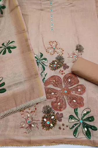 multi unstitched shimmer print handwork with printed dupatta linen dress material