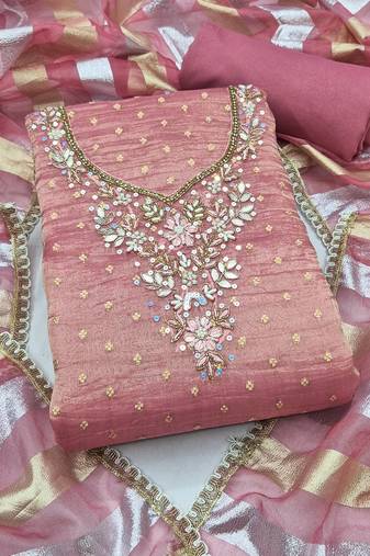 purple unstitched thread work beads work with dupatta salsa butti dress material