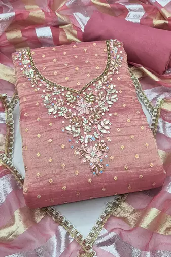 purple unstitched thread work beads work with dupatta salsa butti dress material