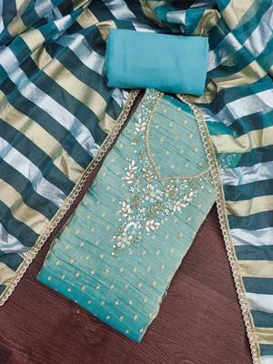 sea green unstitched thread work beads work with dupatta salsa butti dress material 4