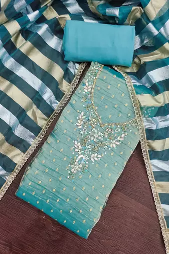 sea green unstitched thread work beads work with dupatta salsa butti dress material