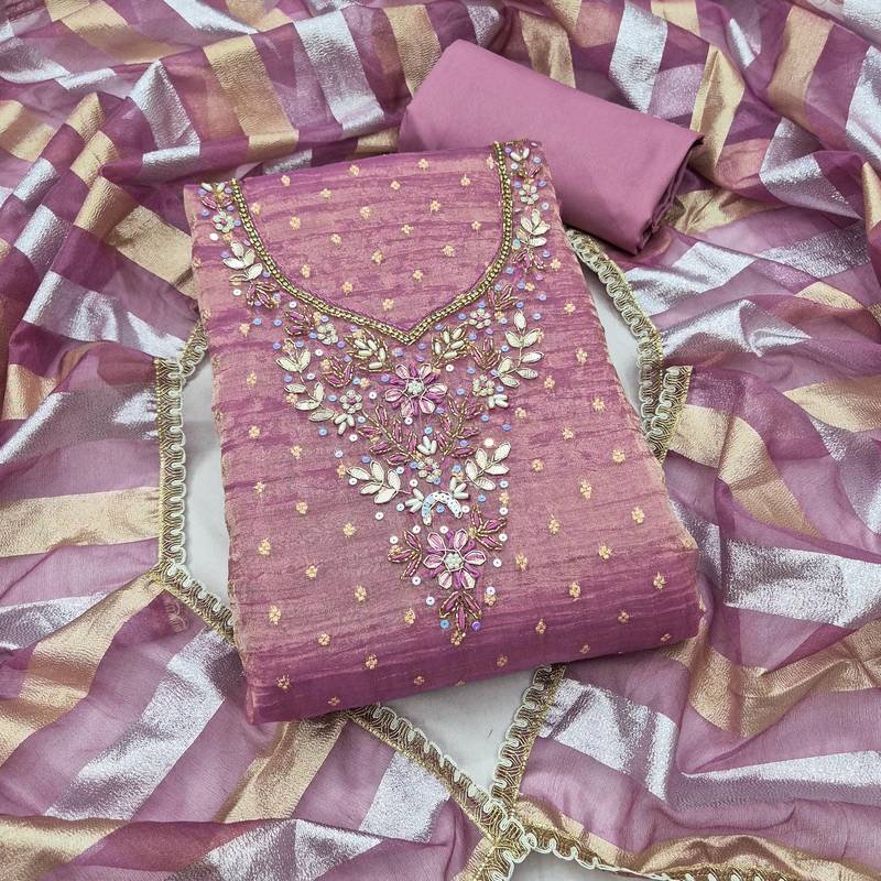 lavender unstitched thread work beads work with dupatta salsa butti dress material