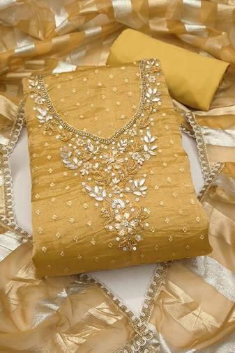 mustard unstitched thread work beads work with dupatta salsa butti dress material