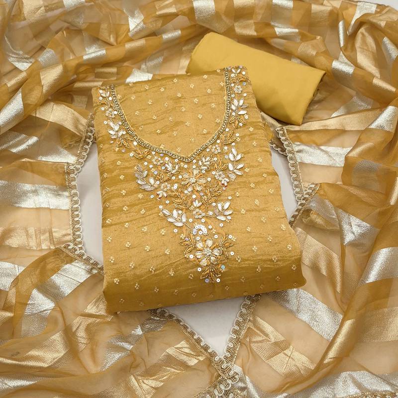 mustard unstitched thread work beads work with dupatta salsa butti dress material
