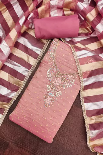 purple unstitched thread work beads work with dupatta salsa butti dress material