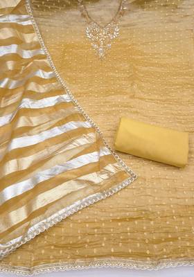 mustard unstitched thread work beads work with dupatta salsa butti dress material 2