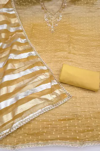 mustard unstitched thread work beads work with dupatta salsa butti dress material
