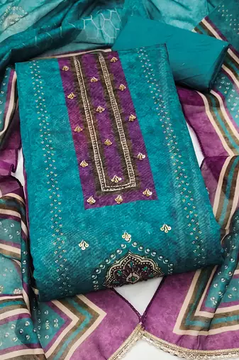 multi unstitched digital print handwork with digital printed dupatta silk blend dress material