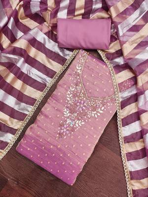lavender unstitched thread work beads work with dupatta salsa butti dress material 4