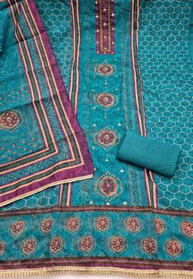 multi unstitched digital print handwork with digital printed dupatta silk blend dress material 2
