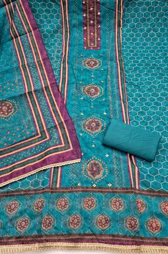 multi unstitched digital print handwork with digital printed dupatta silk blend dress material