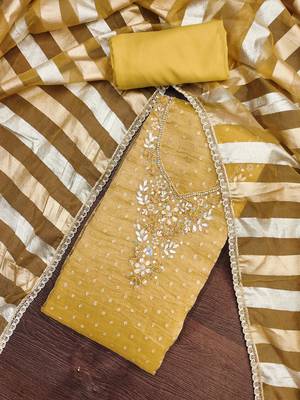 mustard unstitched thread work beads work with dupatta salsa butti dress material 4