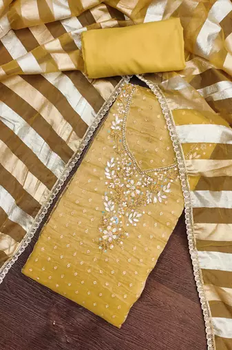 mustard unstitched thread work beads work with dupatta salsa butti dress material