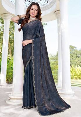 Navy blue color fendy satin silk two tone digital printed saree 3